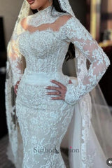 White Wedding Dress Mermaid High Neck Sequined Long Sleeve Panel Train Lace Bridal Gown With Appliques