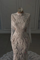 White Wedding Dress Mermaid Lace Beaded High Neck Long Sleeves Chapel Train Bridal Gown