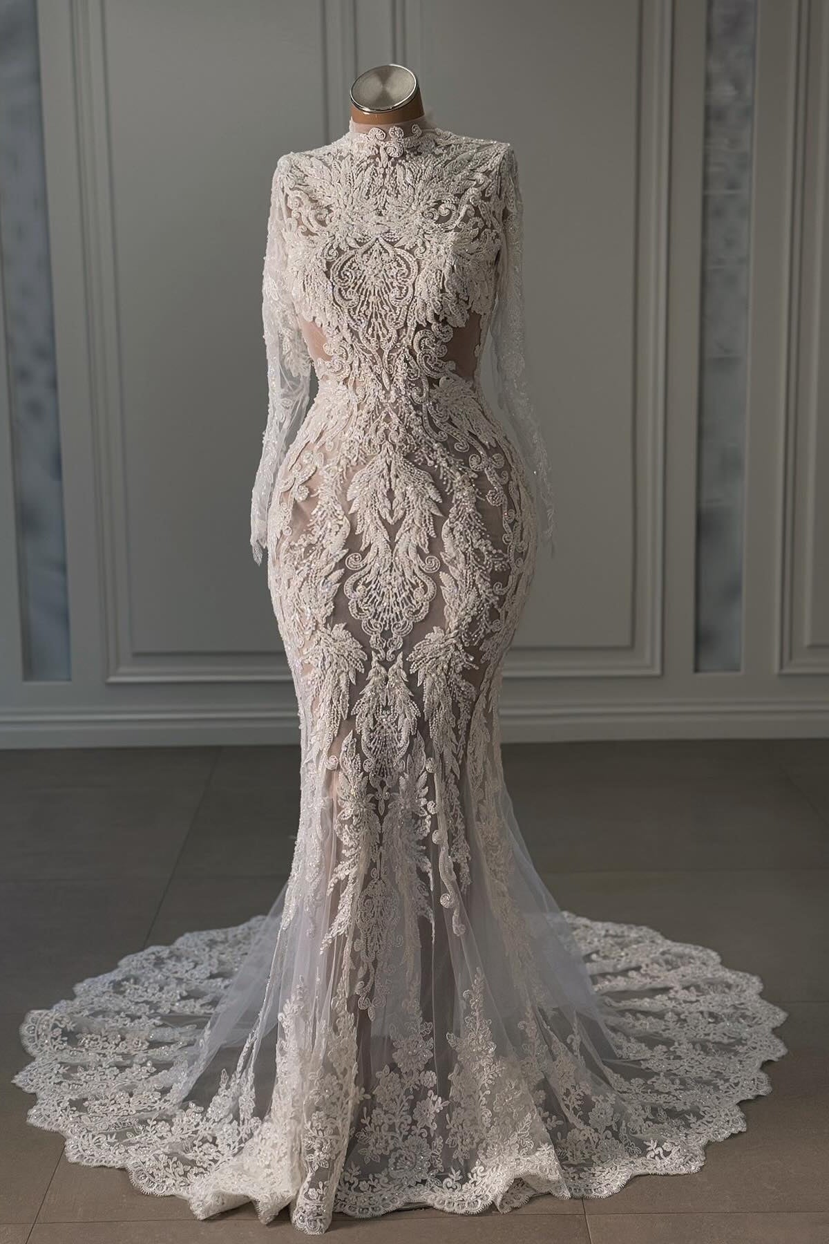 White Wedding Dress Mermaid Lace Beaded High Neck Long Sleeves Chapel Train Bridal Gown