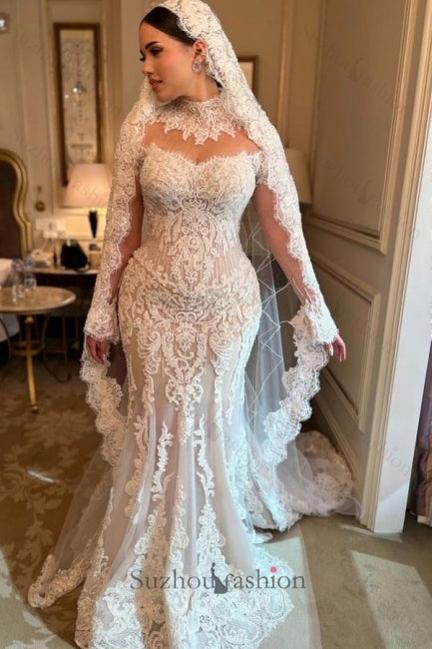 White Wedding Dress Mermaid Long Sleeves High Neck Lace Cathedral Train Tulle Bridal Gown