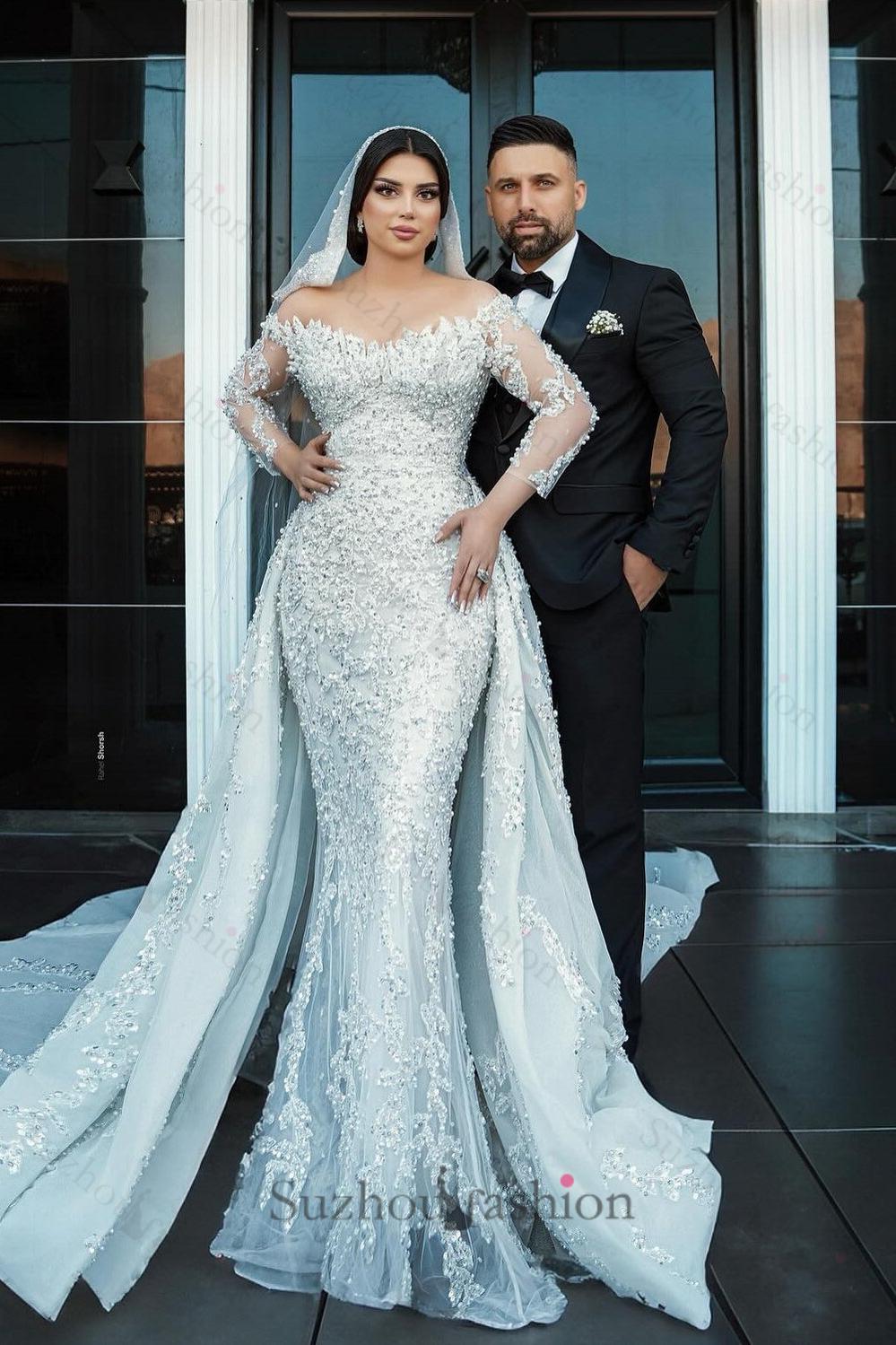 White Wedding Dress Mermaid Off The Shoulder Strapless Beaded Long Sleeves Sequined Detachable Panel Train Long Tulle Bridal Gown With Pearls And