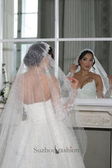 White Wedding Dress Mermaid Strapless Sleeveless Lace Bridal Gown With Detachable Panel Train