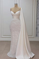 White Wedding Dress Mermaid Sweetheart Beaded Off The Shoulder Cap Sleeve Long Satin Bridal Gown With Pearls