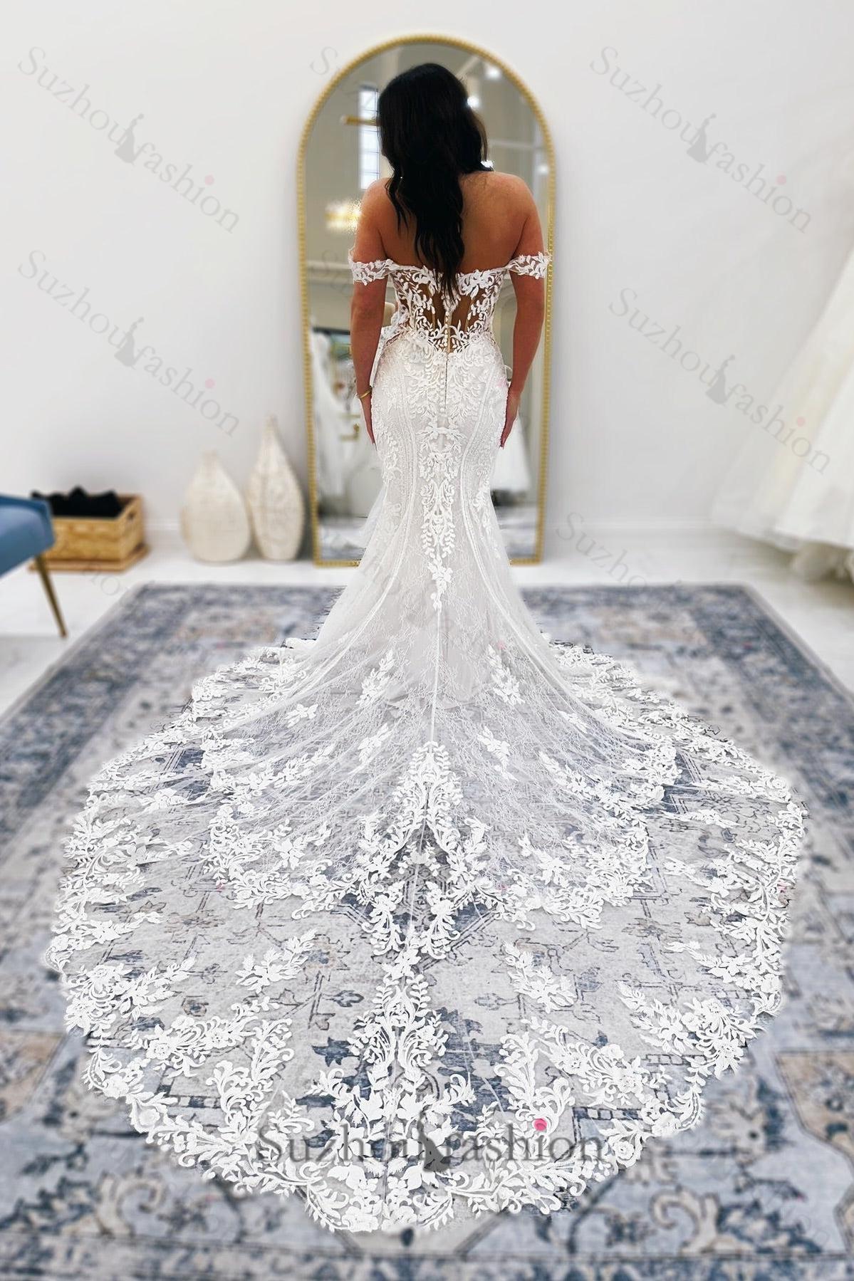 mermaid wedding dress cathedral train White Wedding Dress Mermaid V Neck Off The Shoulder Lace Cathedral Train Bridal Gown With Appliques