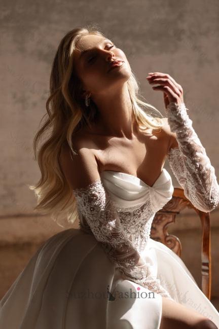 White Wedding Dress Sweetheart A Line Sleeveless Lace Sweep Train Chiffon Bridal Gown With High Slit White Wedding Dress Sweetheart A Line Sleeveless Lace Sweep Train Chiffon Bridal Gown With High Slit