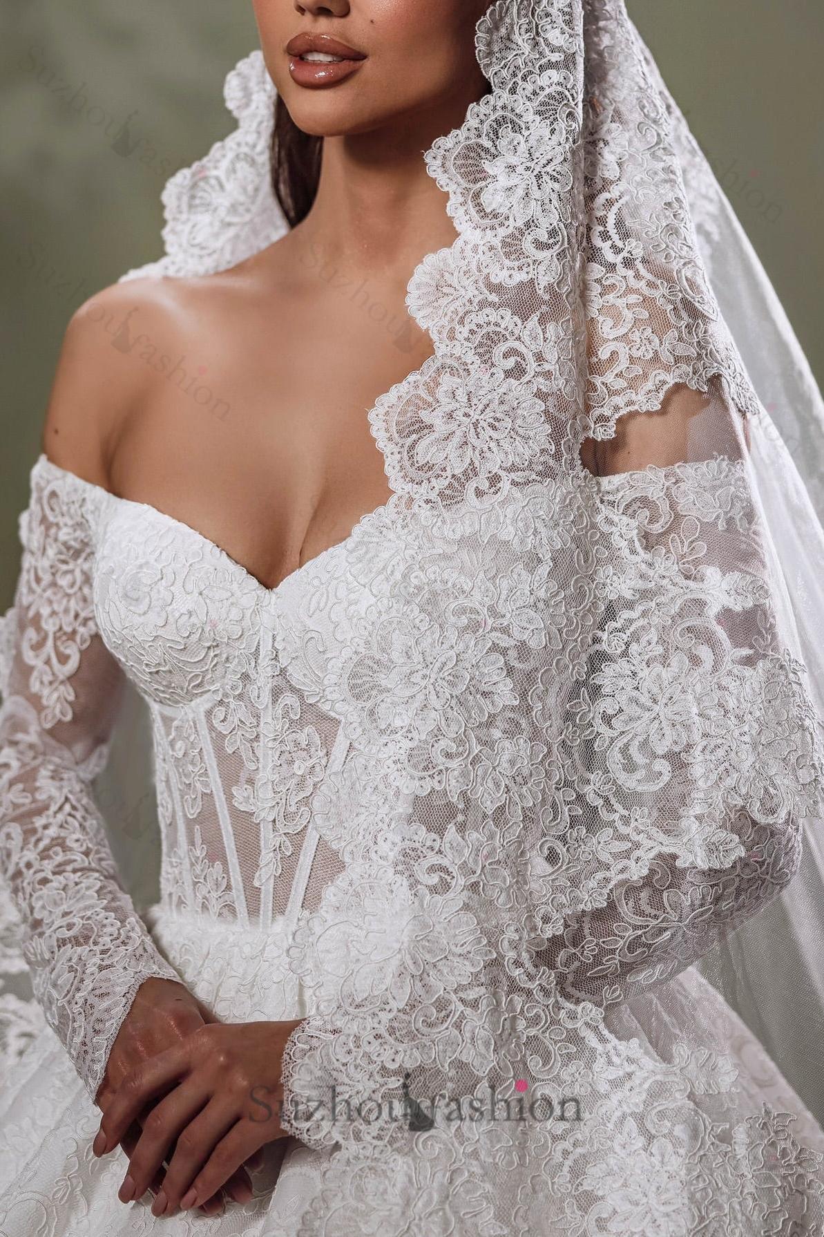 sweetheart off the shoulder ball gown wedding dress White Wedding Dress Sweetheart Off The Shoulder Long Sleeves Ball Gown Cathedral Train Lace Bridal Gown