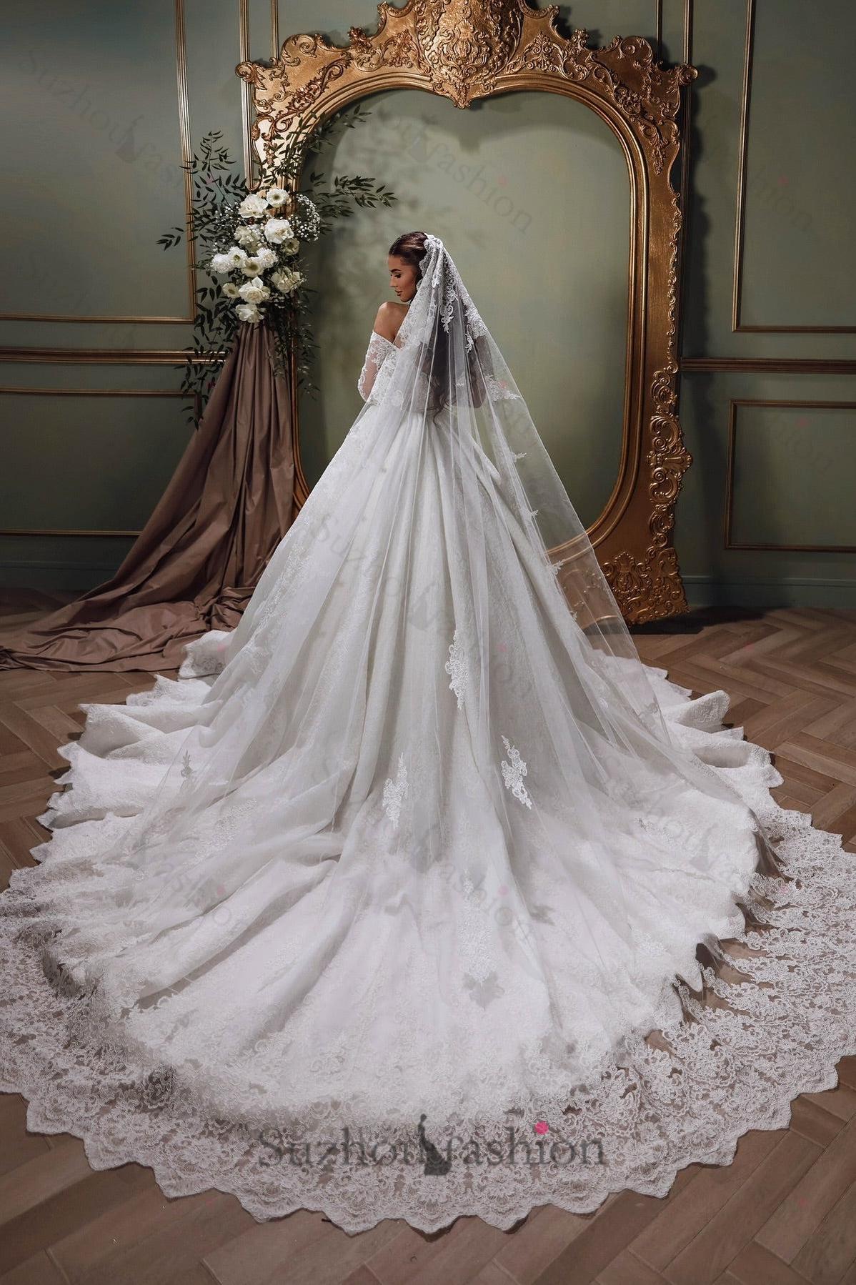 White Wedding Dress Sweetheart Off The Shoulder Long Sleeves Ball Gown Cathedral Train Lace Bridal Gown White Wedding Dress Sweetheart Off The Shoulder Long Sleeves Ball Gown Cathedral Train Lace Bridal Gown