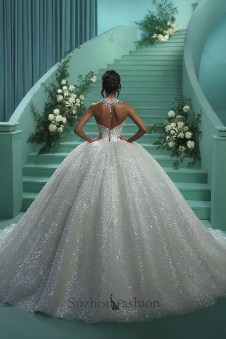 White Wedding Dress Sweetheart Sequined Sleeveless Ball Gown Cathedral – suzhoufashion