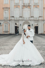 White Wedding Dress Sweetheart Spaghetti Strap Sleeveless Sequined Ball Gown Long Tulle Bridal Gown With Appliques