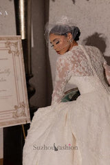 White Wedding Dress V Neck A Line Lace Long Sleeves Sweep Train Velour Bridal Gown With Appliques