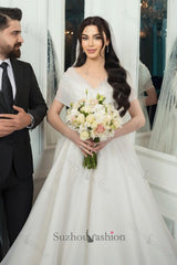 White Wedding Dress V Neck Off The Shoulder Sleeveless Sequined Long Chiffon Bridal Gown With Appliques