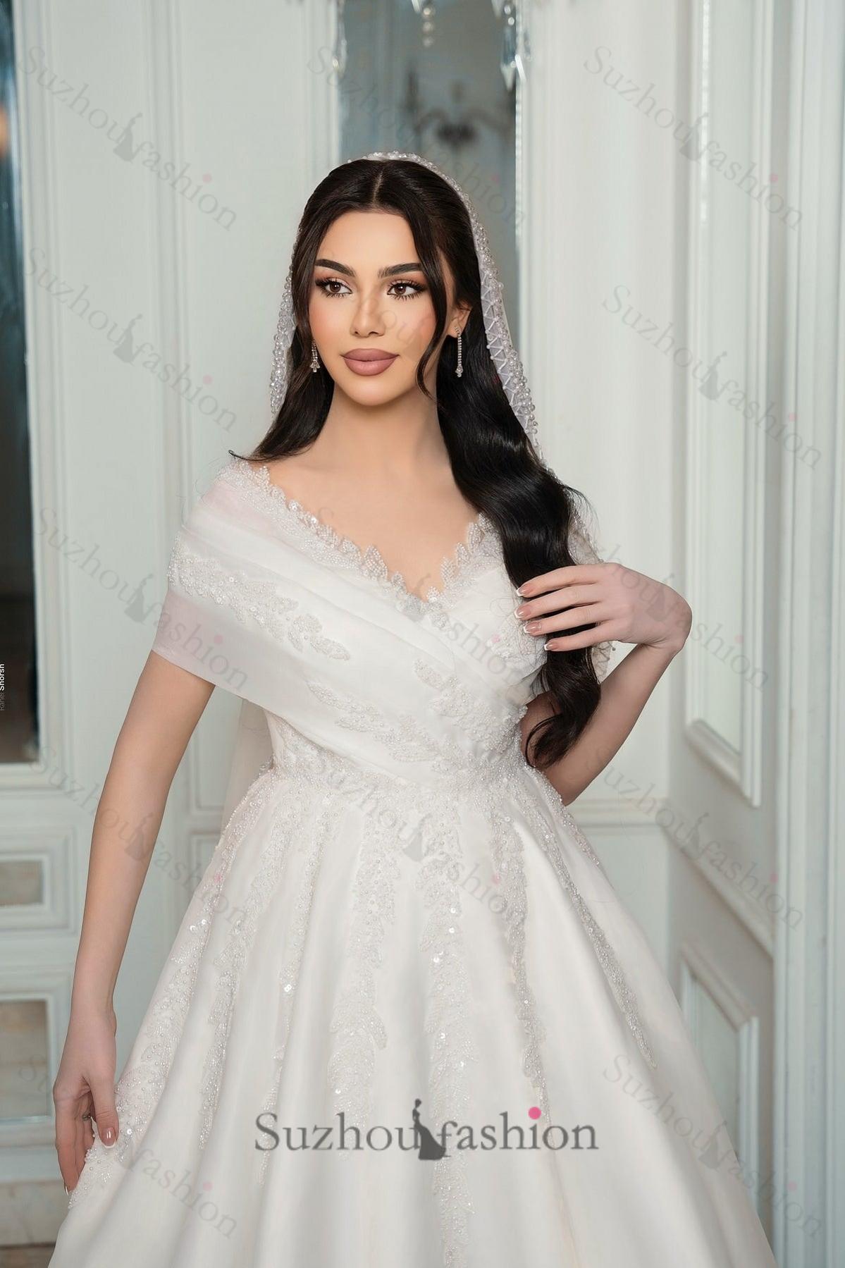 White Wedding Dress V Neck Off The Shoulder Sleeveless Sequined Long Chiffon Bridal Gown With Appliques