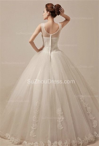 White Wedding Dresses Illusion Neck Sleeveless Appliques Sequins Ball Gown Floor Length Tulle Zipper Bridal Gowns