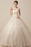 White Wedding Dresses Illusion Neck Sleeveless Appliques Sequins Ball Gown Floor Length Tulle Zipper Bridal Gowns