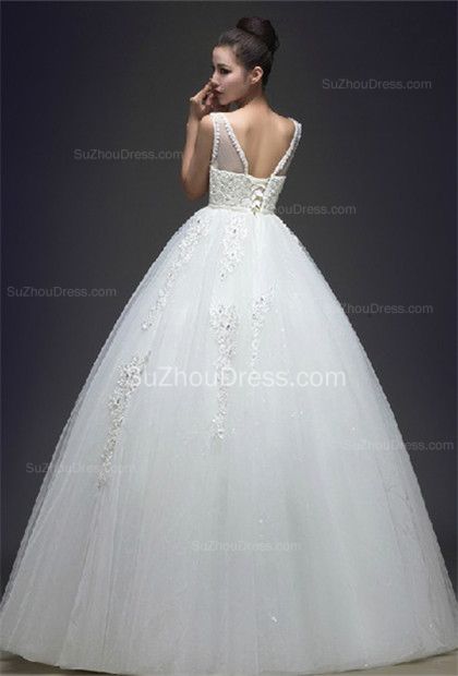 White Wedding Dresses Straps Sleeveless Ball Gown Floor Length Appliques Sequins Beading Lace-up Bridal Gowns