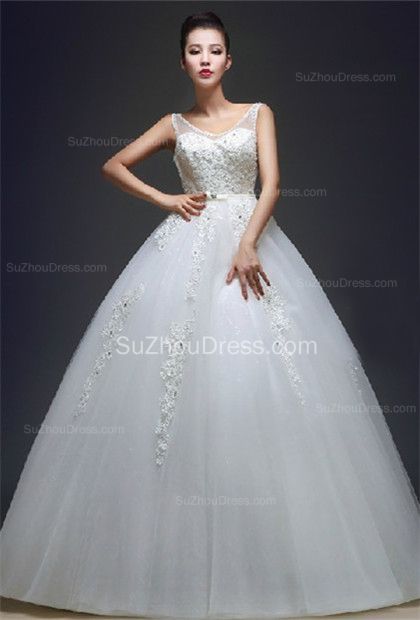 White Wedding Dresses Straps Sleeveless Ball Gown Floor Length Appliques Sequins Beading Lace-up Bridal Gowns