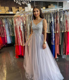 Women Sleeveless Silver Lace A-Line Prom Dresses Long