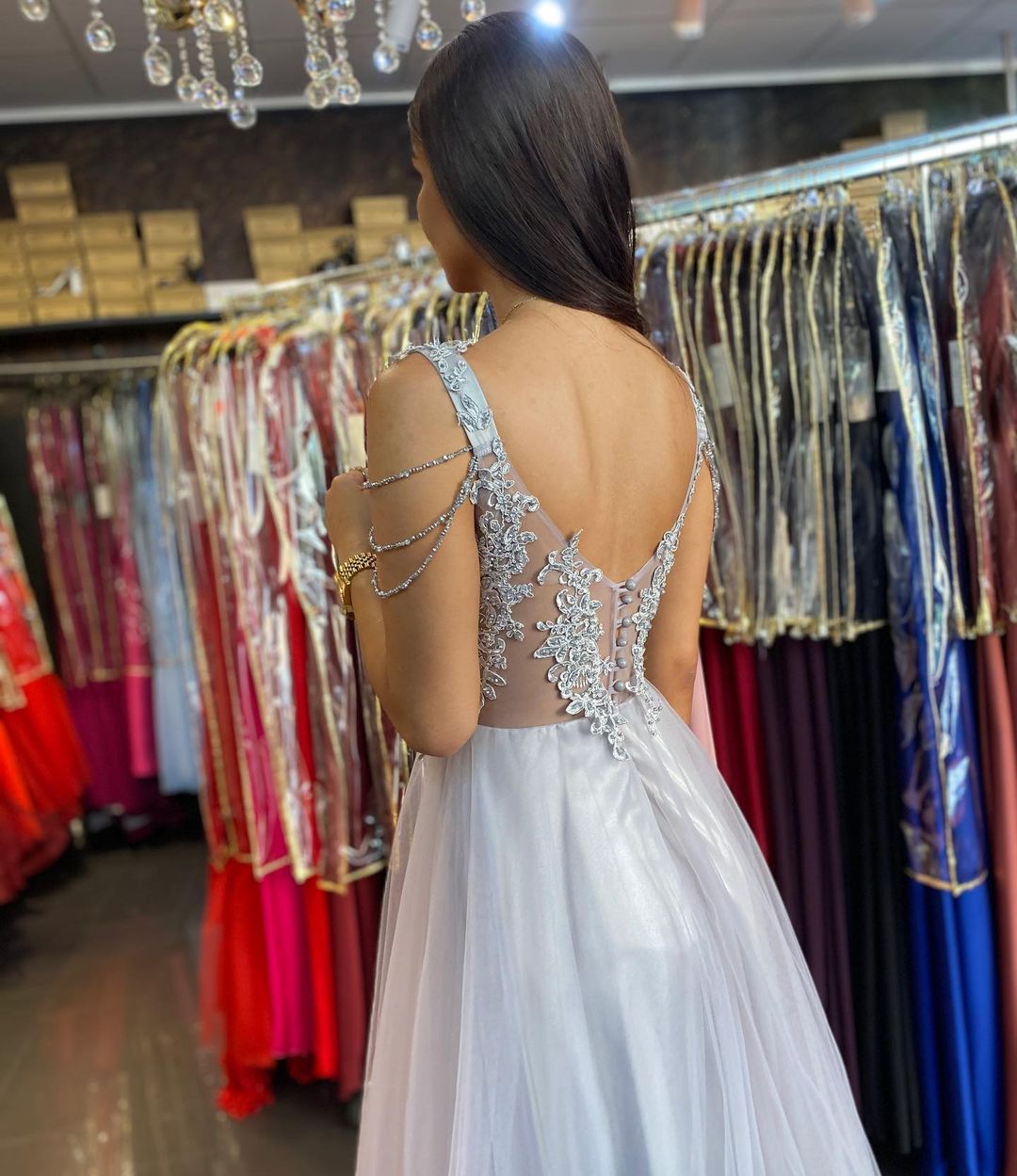 Women Sleeveless Silver Lace A-Line Prom Dresses Long