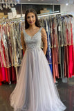 Women Sleeveless Silver Lace  A-Line Prom Dresses Long