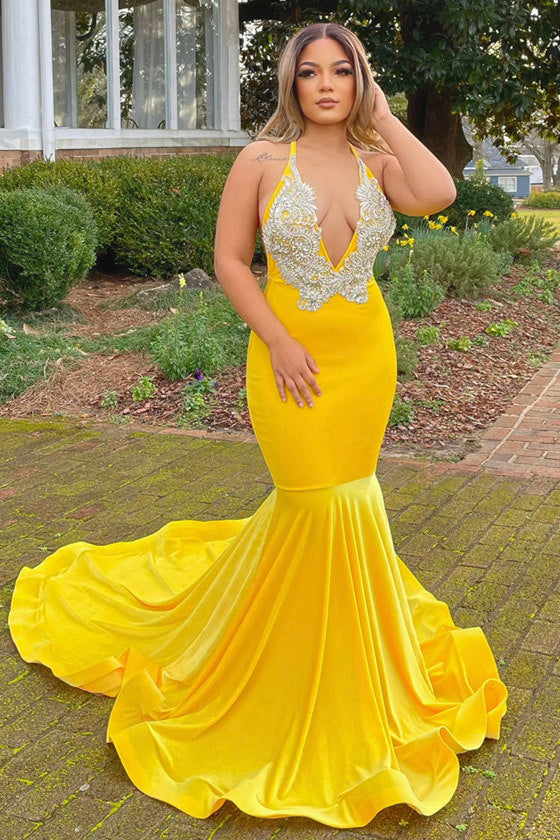Yellow Appliques Lace V-neck Spaghetti Straps Floor-length Mermaid Prom Dresses