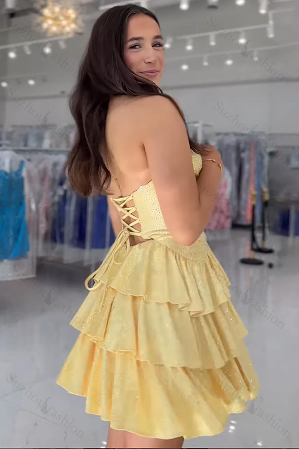 slim fit dress slacks Straps Yellow Satin Two Piece Homecoming Dress – FancyVestido main image 1