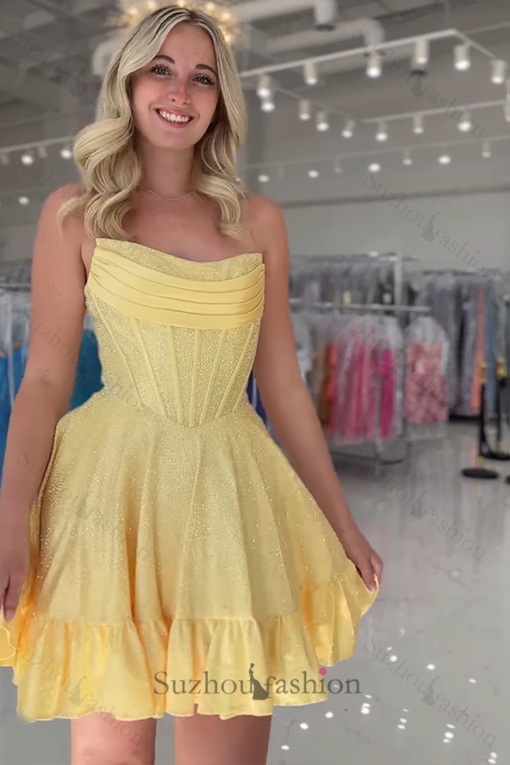 Suzhoufashion Yellow Beaded Homecoming Dresses Strapless Short Corset Cocktail Dresses Suzhoufashion Yellow Beaded Homecoming Dresses Strapless Short Corset Cocktail Dresses