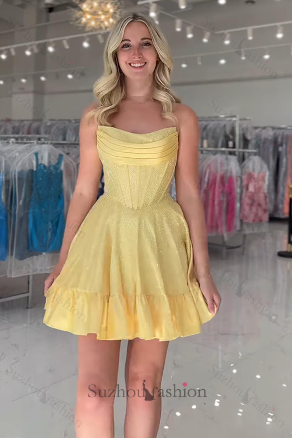 Suzhoufashion Yellow Beaded Homecoming Dresses Strapless Short Corset Cocktail Dresses