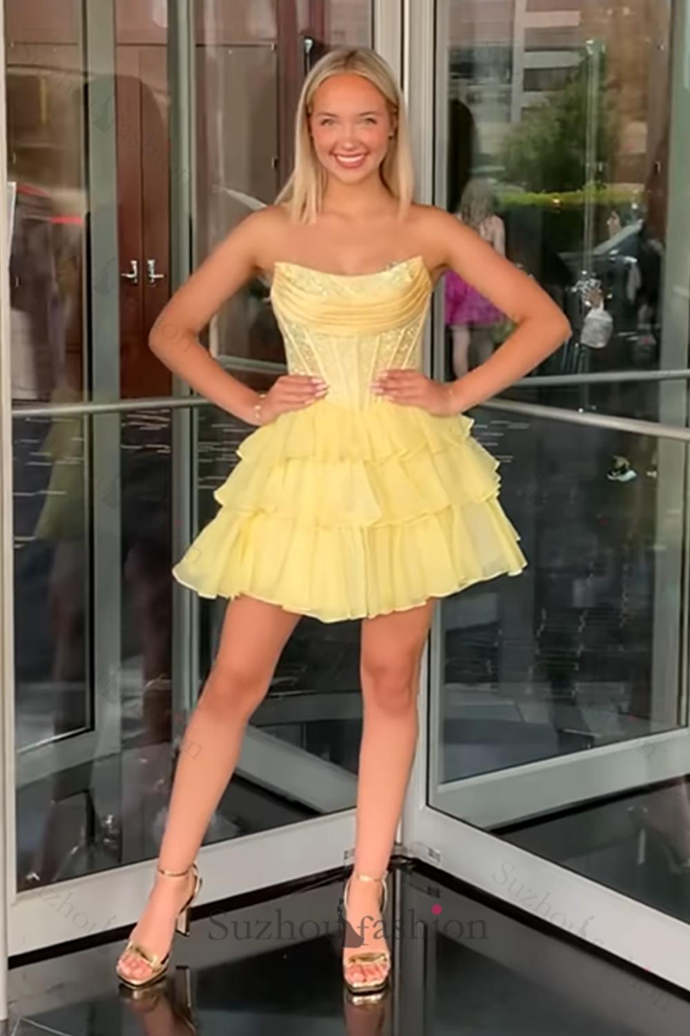 Suzhoufashion Yellow Beaded Homecoming Dresses Strapless Short Corset Cocktail Dresses Suzhoufashion Yellow Beaded Homecoming Dresses Strapless Short Corset Cocktail Dresses