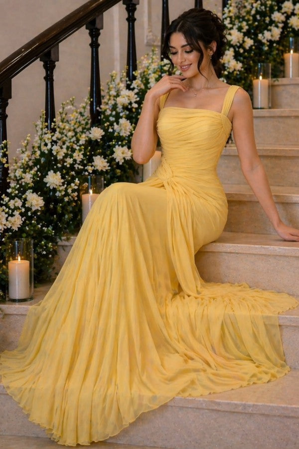 Yellow Chiffon Mermaid Prom Dress with Square Neck and Ruched Bodice