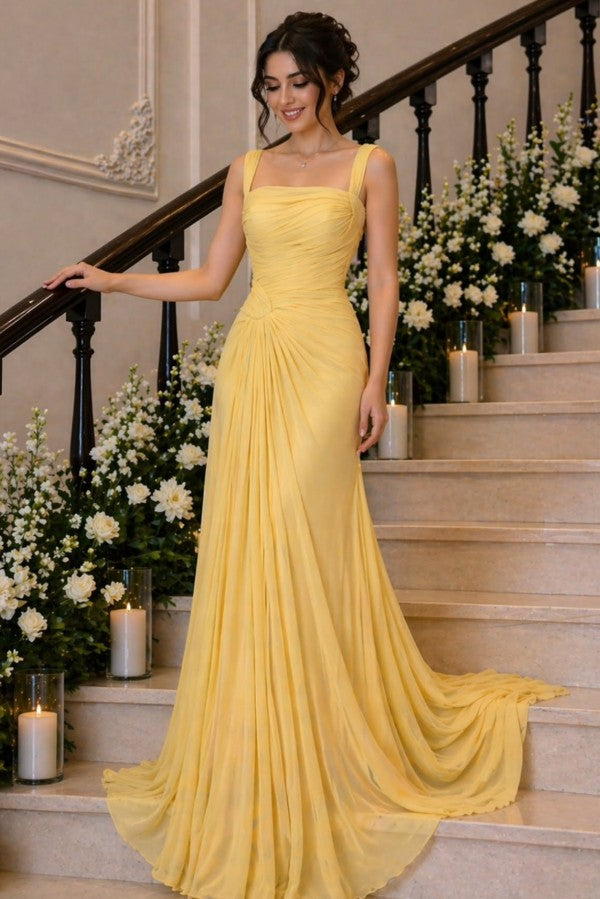 Yellow Chiffon Mermaid Prom Dress with Square Neck and Ruched Bodice