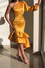 Yellow Gorgeous One Shoulder Mermaid Evening Dresses with Ruffle