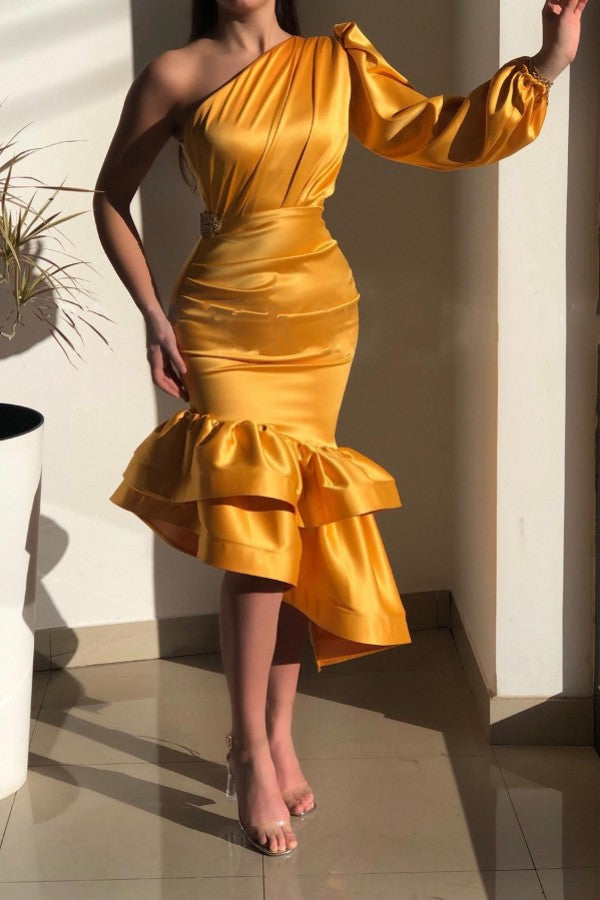 Yellow Gorgeous One Shoulder Mermaid Evening Dresses with Ruffle