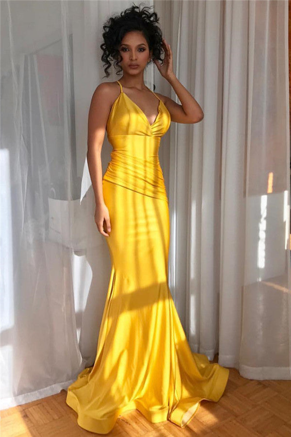 Yellow Halter Sleeveless Mermaid Prom Dress | Sexy V-Neck Ruffle Evening Gown