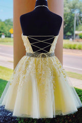 Yellow Homecoming Dresses A Line Halter Backless Prom Dress