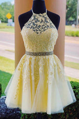 Yellow Homecoming Dresses A Line Halter Backless Prom Dress