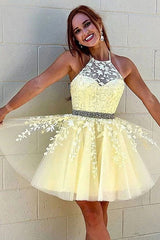 Yellow Homecoming Dresses A Line Halter Backless Prom Dress
