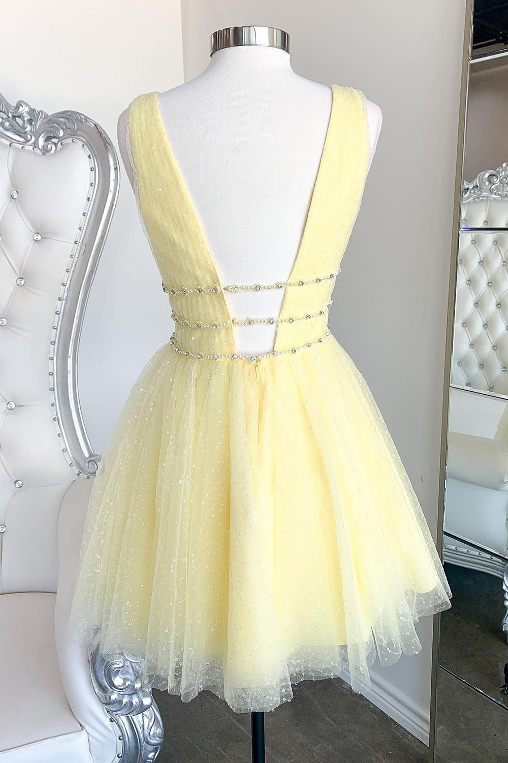 Yellow Homecoming Dresses Beaded Sequin A-Line Short Cocktail Dresses
