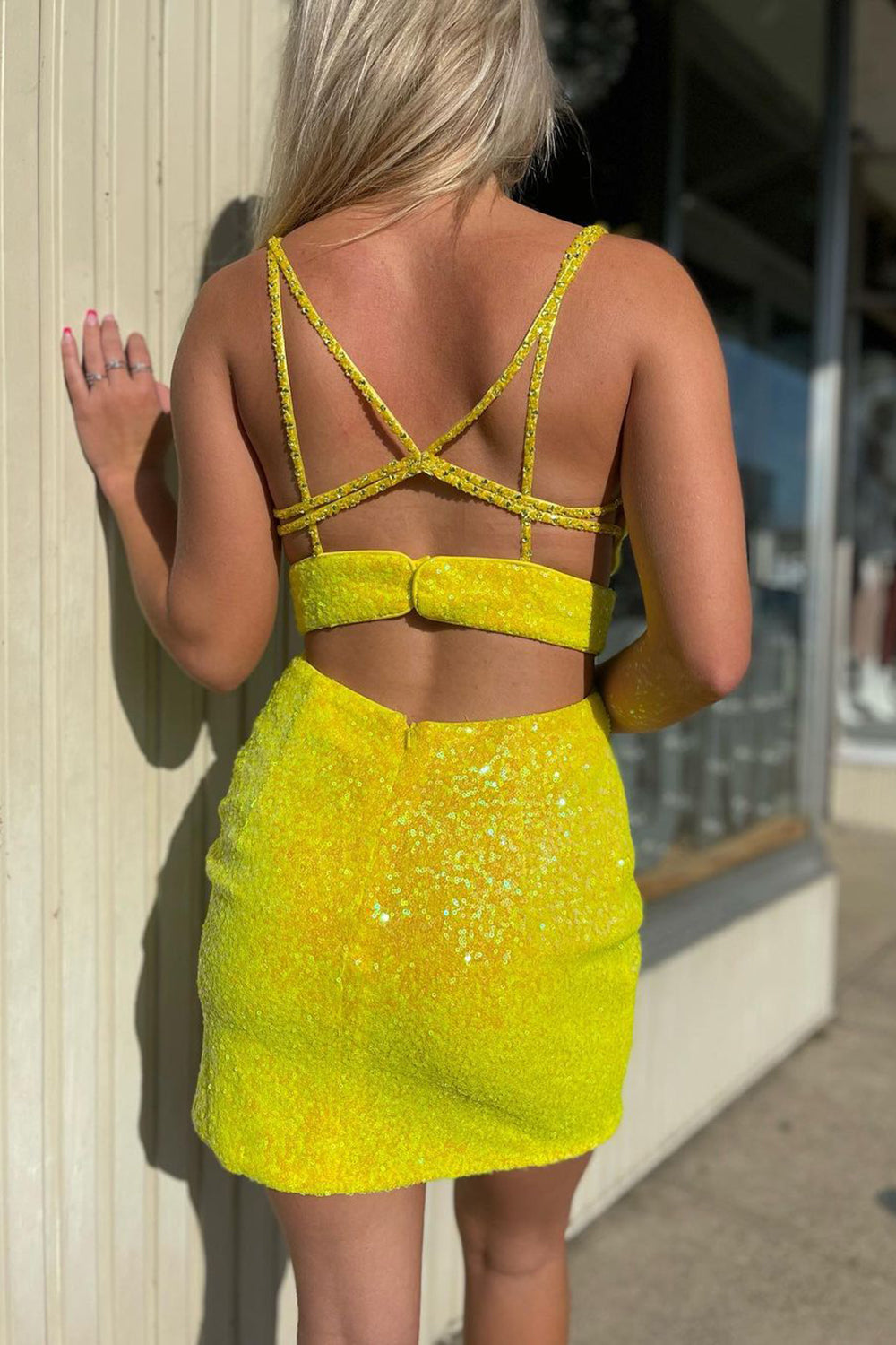 Yellow Homecoming Dresses Deep V-Neck Sequin Tight Prom Dress