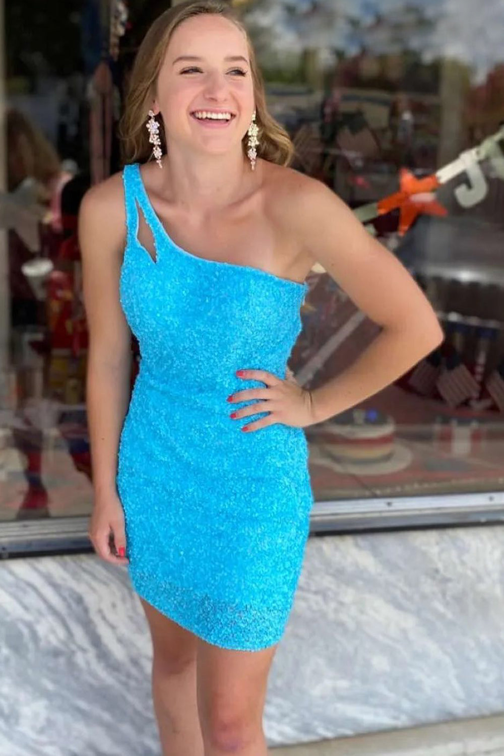 Yellow Homecoming Dresses Open Back One Shoulder Sequin Tight Prom Dress