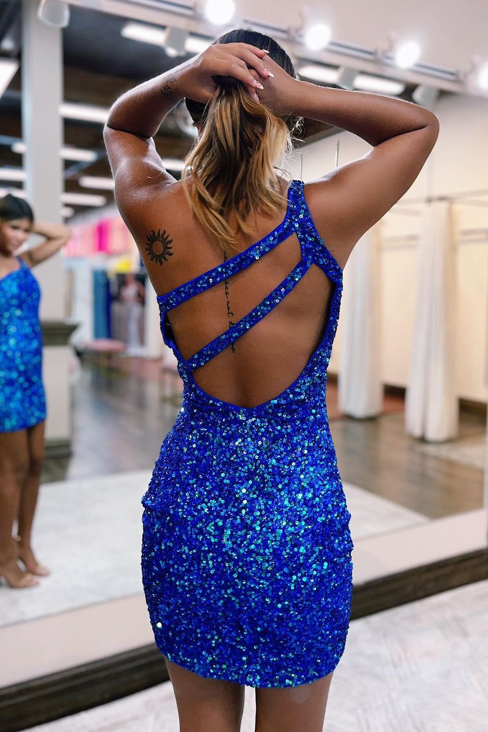 Yellow Homecoming Dresses Open Back One Shoulder Sequin Tight Prom Dress