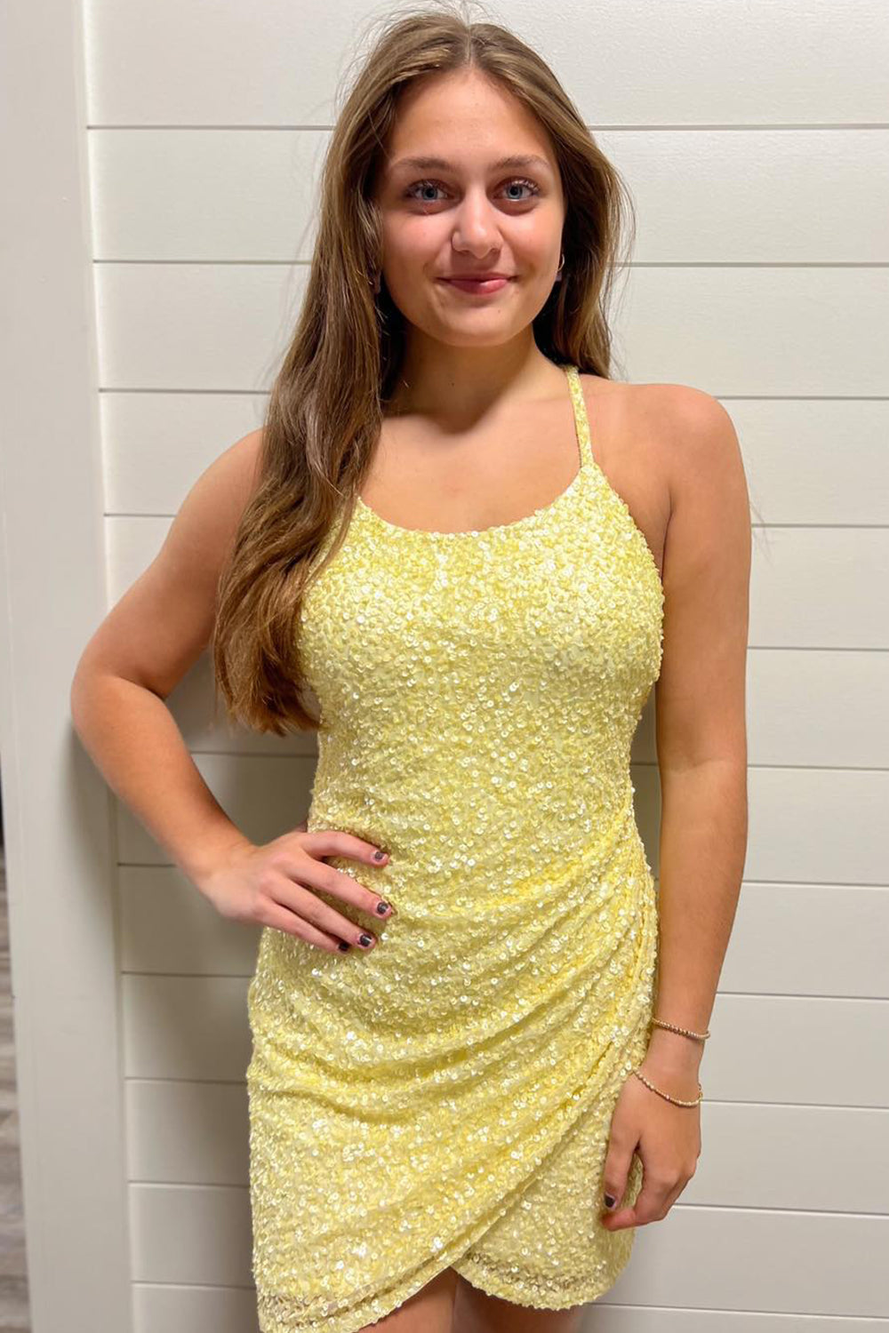 Yellow Homecoming Dresses Sequin Asymmetrical Tight Prom Dress