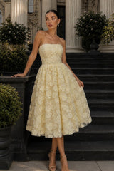 Yellow Lace A Line Prom Dress with Pearl-Center 3D Flowers