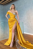 Yellow Long Sleeves Mermaid Prom Dress Slit Long With Beads