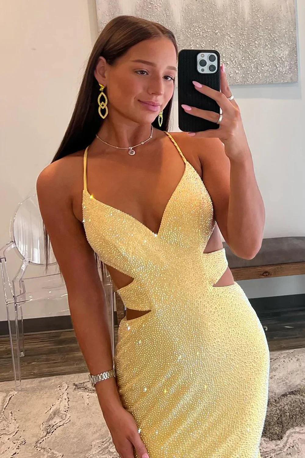 Suzhoufashion Yellow Mermaid Prom Dress With Cutout Waist Lace Up Corset And Beaded Details Formal Evening Gown