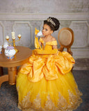 Yellow Princess Girl Dress With Lace Off-the-Shoulder Velvet Tulle Pegant Dress for Kids