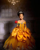 Yellow Princess Girl Dress With Lace Off-the-Shoulder Velvet Tulle Pegant Dress for Kids