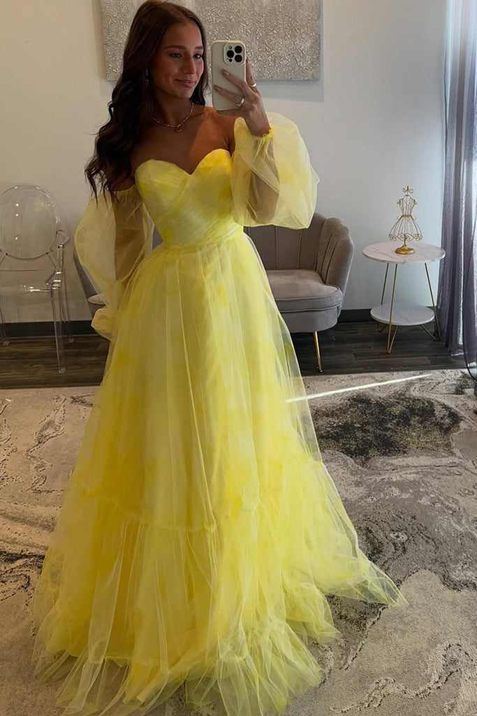 fitted lace wedding dress Sweetheart Neckline Hang Up Long Sleeves Yellow Prom Dress with Pocket –  TANYA BRIDAL main image 0