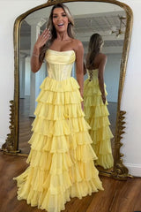 Yellow Prom Dress A Line Strapless Corset Long Chiffon Formal Dress With Slit