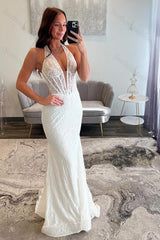 Yellow Prom Dress Lace Mermaid Halter Corset Long Formal Dress