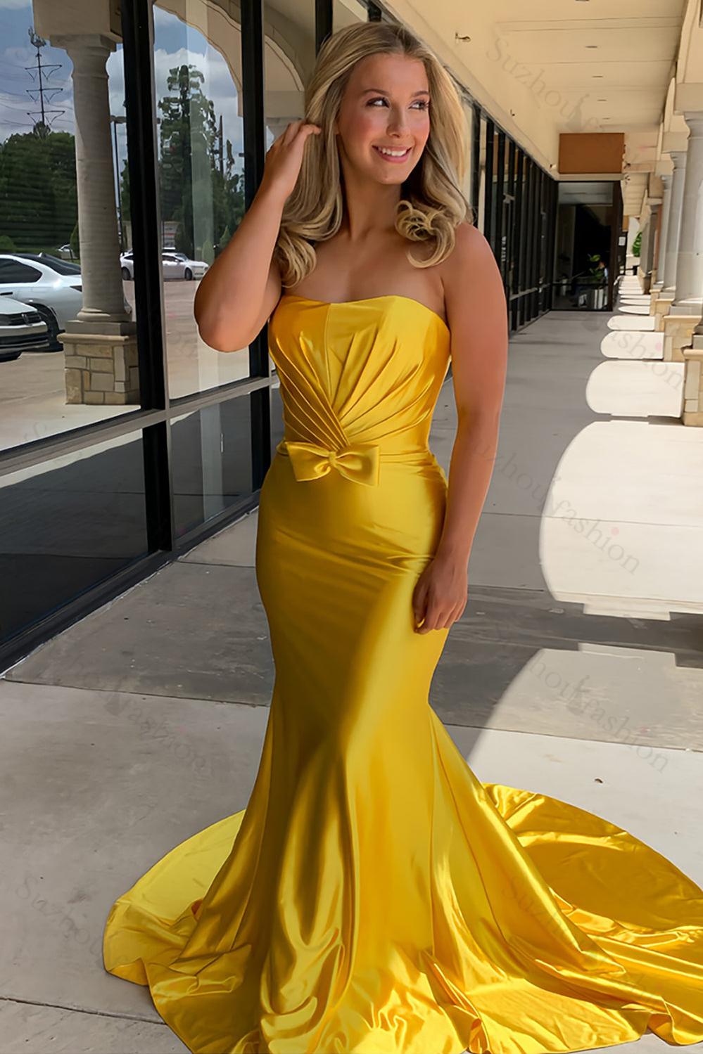 Yellow Prom Dress Wrap Ruched Corset Mermaid Long Formal Dress